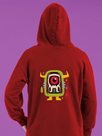 Monster Canavar Baskılı Tasarım 3 İplik Kalın Kırmızı Sweatshirt Hoodie 