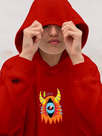 Monster Canavar Eye Baskılı Tasarım 3 İplik Kalın Kırmızı Sweatshirt Hoodie 