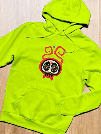 Kurukafa Monster Canavar Baskılı Tasarım 3 İplik Kalın Neon Sarı Sweatshirt Hoodie 