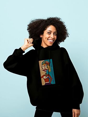 Surrealist Selfie Baskılı Tasarım 3 İplik Kalın Siyah Sweatshirt Hoodie 