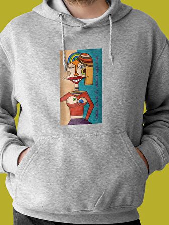 Surrealist Selfie Baskılı Tasarım 3 İplik Kalın Gri Sweatshirt Hoodie 