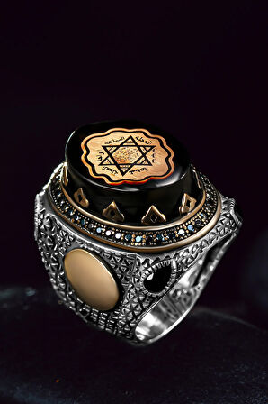 Erkek Gümüş Yüzük - Harf Yazılabilir Kehribar Taşlı Süleyman Mührü Erkek Yüzük