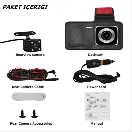 Araç İçi Kamera 1080P Full HD-Gece Görüşlü -170° Geniş Açılı Lens 4inc Ekran - Ön Ve Arka Kamera -v2