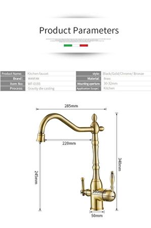 Mutfak Evye Bataryası Dual Flow Su Arıtma Çıkışlı Ve Ocak Üstü Pot Musluk Takım Mat Gold Set