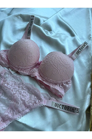 Dantelli Lastiği Taşlı Balenli Destekli Dolgulu Push Up Siyah Sütyen Ve String Iç Çamaşırı Takımı