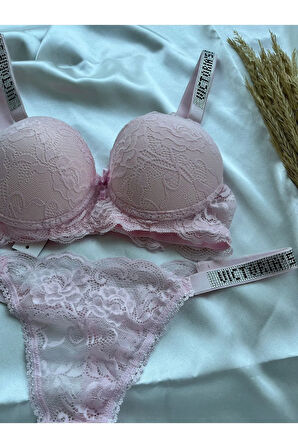 Dantelli Lastiği Taşlı Balenli Destekli Dolgulu Push Up Siyah Sütyen Ve String Iç Çamaşırı Takımı