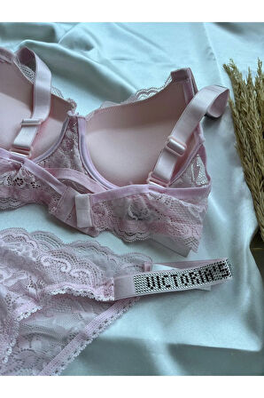 Dantelli Lastiği Taşlı Balenli Destekli Dolgulu Push Up Siyah Sütyen Ve String Iç Çamaşırı Takımı