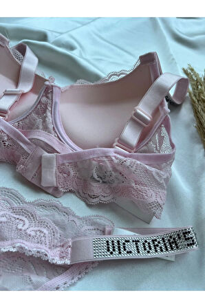 Dantelli Lastiği Taşlı Balenli Destekli Dolgulu Push Up Siyah Sütyen Ve String Iç Çamaşırı Takımı