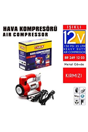 Metal Gövdeli Kırmızı Hava Kompresörü Çakmaklık Girişli Işıklı 12v 150 Psi