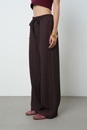 Kadın Simli Bol Paça Beli Lastikli Düz Renk Pantolon