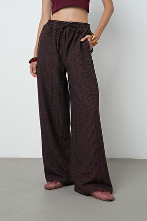 Kadın Simli Bol Paça Beli Lastikli Düz Renk Pantolon