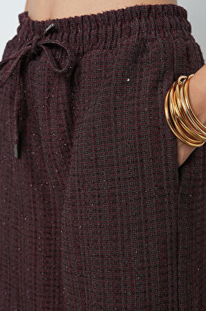 Kadın Simli Bol Paça Beli Lastikli Düz Renk Pantolon