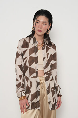 KADIN DESENLİ ÇİZGİ DETAYLI OVERSİZE GÖMLEK