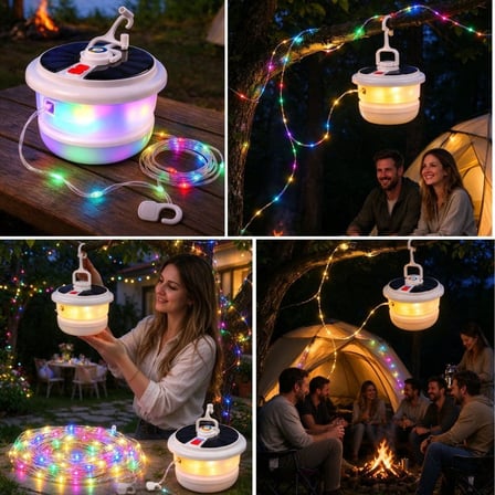 Kararlı Ticaret® 10 Metre Geri Sarılabilir RGB Peri LEDLİ, 15 Renk Işık Modlu, Solar Güneş Enerjili ve USB Şarjlı, Asılabilir Atmosferik Kamp Aydınlat