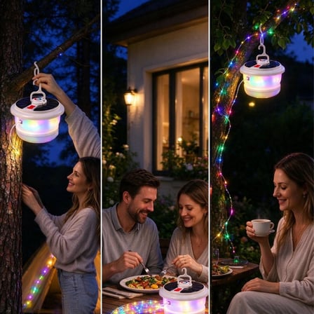 Kararlı Ticaret® 10 Metre Geri Sarılabilir RGB Peri LEDLİ, 15 Renk Işık Modlu, Solar Güneş Enerjili ve USB Şarjlı, Asılabilir Atmosferik Kamp Aydınlat