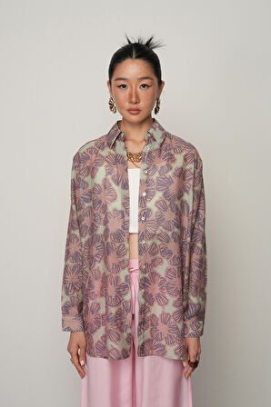 KADIN MİNT RENK ÇİÇEK DESENLİ OVERSİZE KESİM GÖMLEK