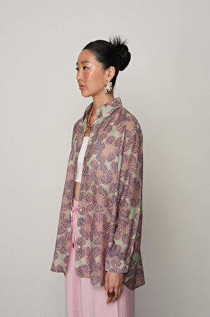 KADIN MİNT RENK ÇİÇEK DESENLİ OVERSİZE KESİM GÖMLEK