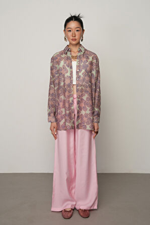 KADIN MİNT RENK ÇİÇEK DESENLİ OVERSİZE KESİM GÖMLEK