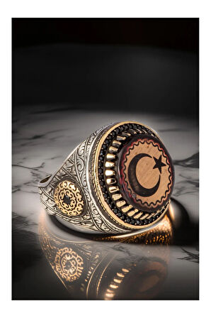 Erkek Kırmızı Kehribar Taşlı Ay Yıldız Türk Bayrağı İşlemeli 925 Ayar Gümüş Yüzük