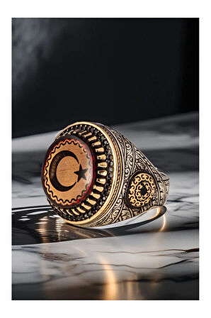 Erkek Kırmızı Kehribar Taşlı Ay Yıldız Türk Bayrağı İşlemeli 925 Ayar Gümüş Yüzük