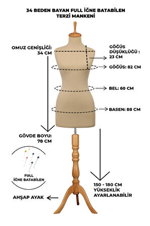 34 Beden İğne Batabilen Terzi Mankeni Prova Mankeni Sünger Manken