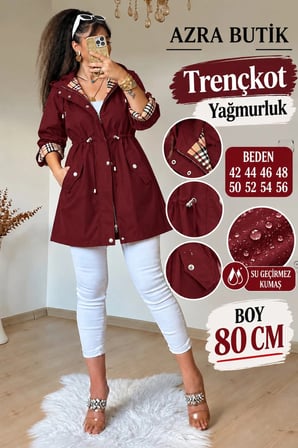 Kısa Kare Desen Trençkot Bordo