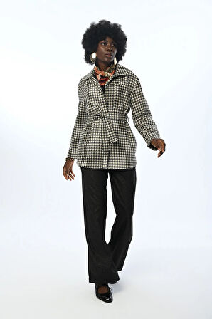 KADIN SİMLİ KÜÇÜK KAZAYAĞI DESENLİ CEPLİ CEKET