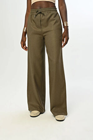 KADIN BELİ LASTİKLİ BOL PAÇA SİMLİ DÜZ RENK PANTOLON