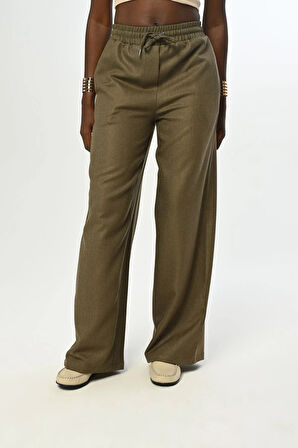 KADIN BELİ LASTİKLİ BOL PAÇA SİMLİ DÜZ RENK PANTOLON