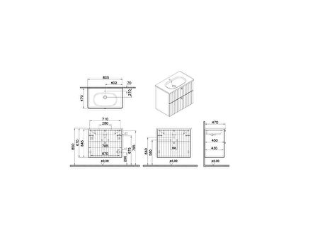 VitrA Root 69436 Groove Lavabo Dolabı, İki Çekmeceli, 80 cm, Mat Beyaz, Yuvarlak Lavabolu