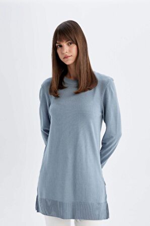 DeFacto Regular Fit Bisiklet Yaka Yırtmaçlı Basic Düz Triko Kazak Tunik H3431AZ24AUBE690