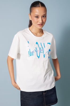 ÇİÇEK BASKILI BİSİKLET YAKA T-SHIRT