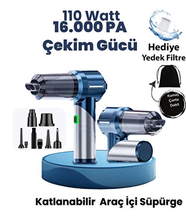 Yeni 16000pa Güçlü Portatif Vakumlu Ve Üflemeli Katlanabilir Araç Içi Süpürge Pro Hl-133