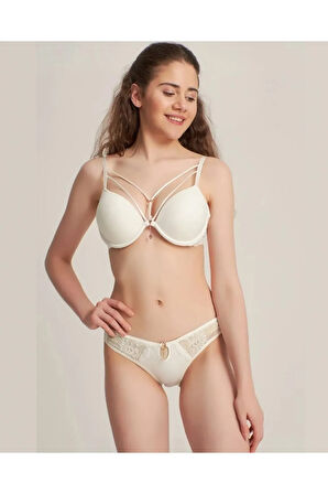 5020 Ekru Silikonlu Taşlı Simli Sütyen Takım