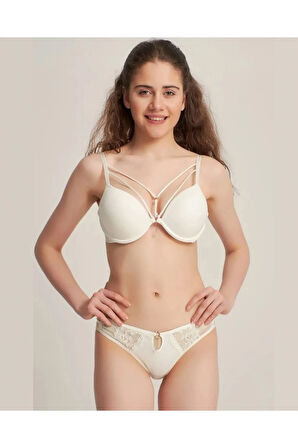 5020 Ekru Silikonlu Taşlı Simli Sütyen Takım