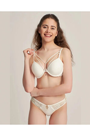 5020 Ekru Silikonlu Taşlı Simli Sütyen Takım