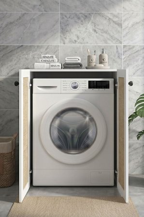 Kenzlife çamaşır makinesi dolabı tatyana mat beyaz 90*70*60 jut kare kapak MDF gövde