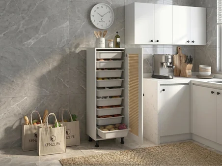 Kenzlife sepetli kilitli mutfak dolabı ruberukilit mat beyaz 122*45*30 hazeran kare kapak suntalam gövde