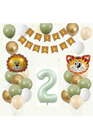 SAFARİ TEMALI ASLAN KAPLAN KAFA FOLYO BALONLU YAŞ BALON SET