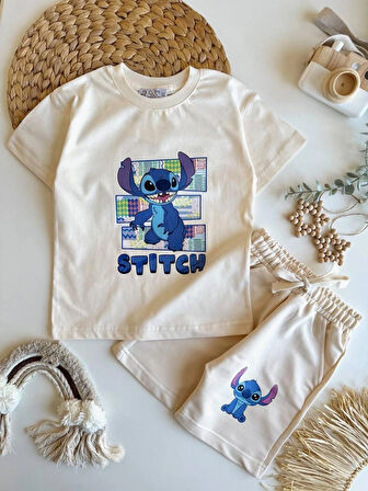 Erkek/Kız Çocuk Krem Renk Stitch Baskılı Kısa Kollu Tişört ve Şort Takımı - Yazlık Pamuklu Set (3-10 Yaş)