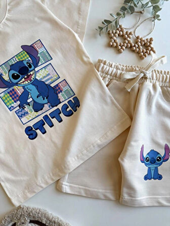 Erkek/Kız Çocuk Krem Renk Stitch Baskılı Kısa Kollu Tişört ve Şort Takımı - Yazlık Pamuklu Set (3-10 Yaş)