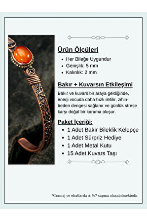 Bakır Kelepçe Bilezik Kırmızı Akik Doğal Taşlı Erkek Kadın Kuvars Taşı ve Metal Kutulu