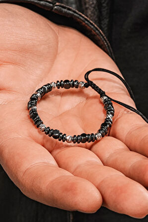 Siyah Hematit Taşlı Ayarlanabilir İpli 925 Ayar Gümüş Detaylı Erkek Bileklik