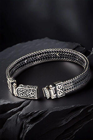 Erkek Gümüş Bileklik - Çift Sıra Yassı Tilki Kuyruğu Özel Kilit Tasarım Otantik Model Erkek Künye