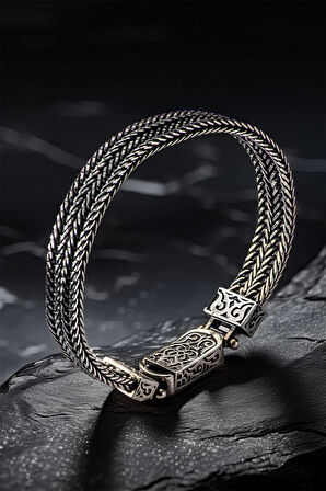 Erkek Gümüş Bileklik - Çift Sıra Yassı Tilki Kuyruğu Özel Kilit Tasarım Otantik Model Erkek Künye