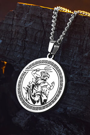 Steel Aether Çelik Erkek Kolye Yunan Tanrısı İşlemeli Yuvarlak Plaka Paslanmaz Kararmaz