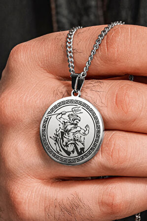 Steel Aether Çelik Erkek Kolye Yunan Tanrısı İşlemeli Yuvarlak Plaka Paslanmaz Kararmaz