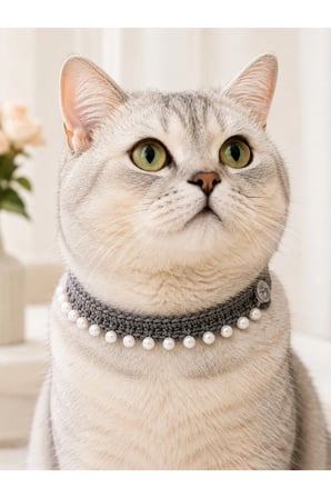 El Örgüsü Kedi Tasması Koyu Gri İnci Boncuklu El Yapımı Düğmeli Kedi Boyun Aksesuarı
