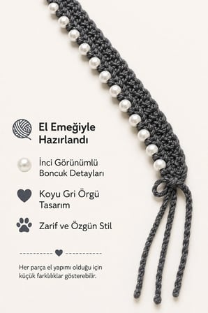 El Örgüsü Kedi Tasması Koyu Gri İnci Boncuklu El Yapımı Düğmeli Kedi Boyun Aksesuarı