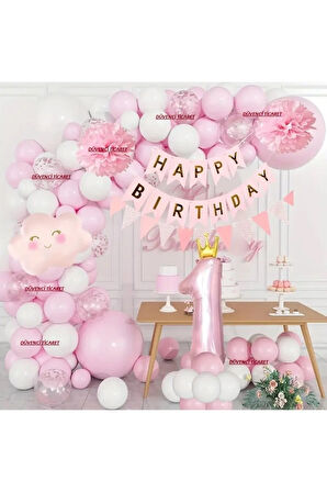 PEMBE BULUT FOLYOLU 1 YAŞ BALON ZİNCİR SET
